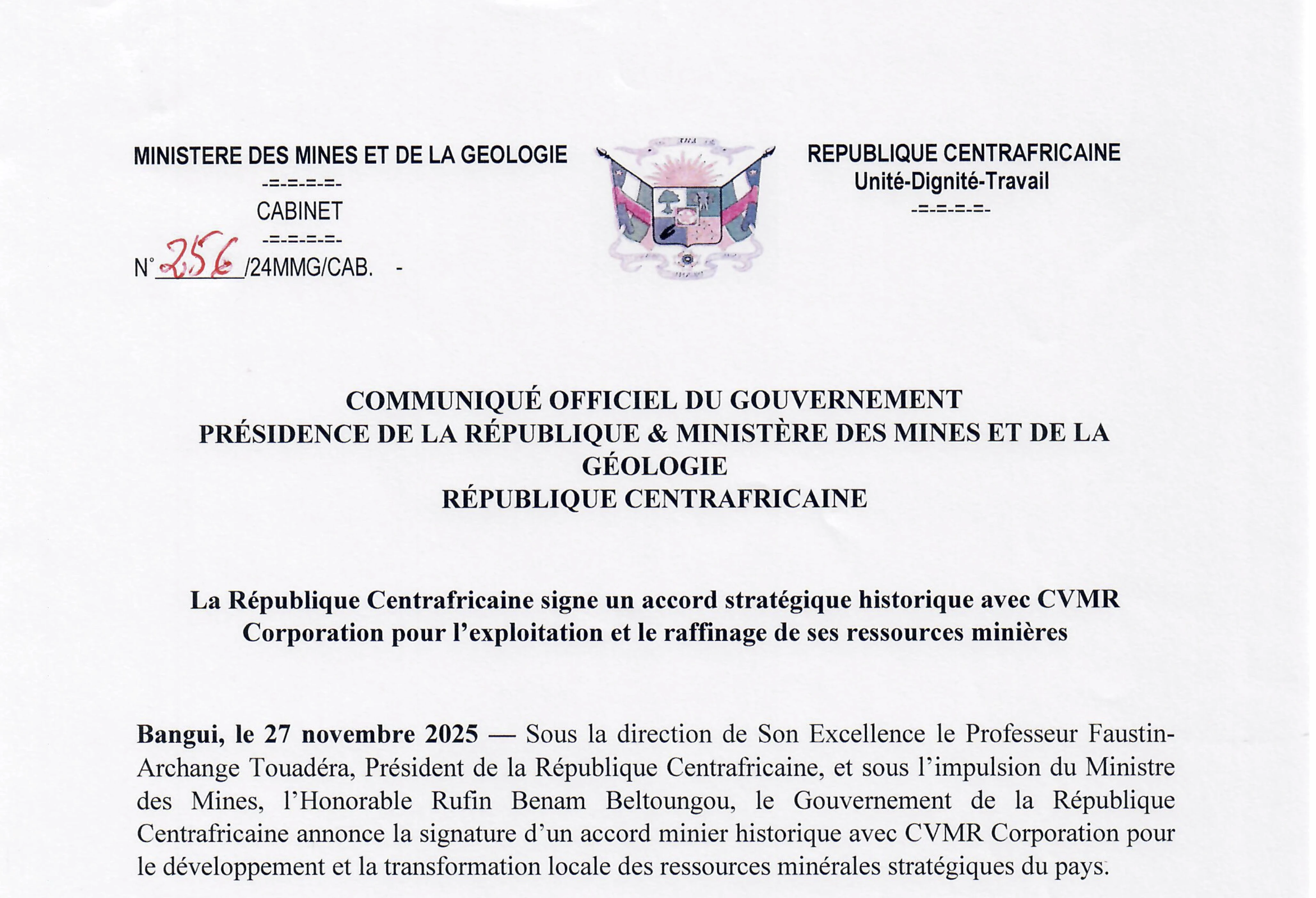 The Central African Republic enters a new era of mineral resources development: Historic mining partnership signed with the CVMR Group, driven by the vision of President TOUADÉRA and the expertise of Minister BENAM
